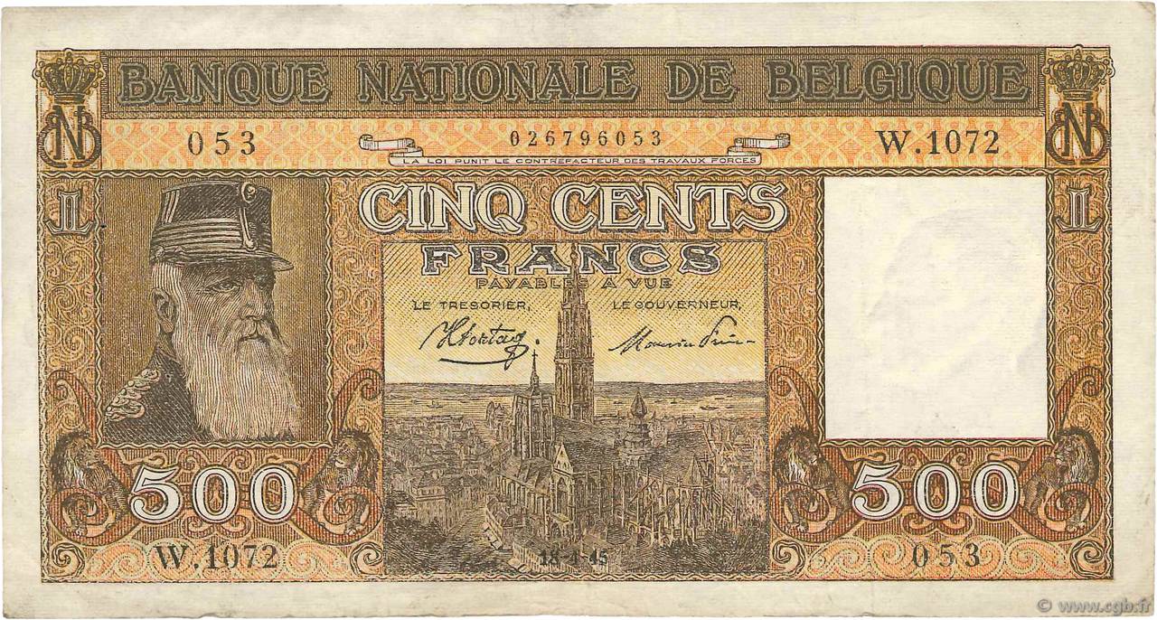 500 Francs BELGIUM  1944 P.127a VF