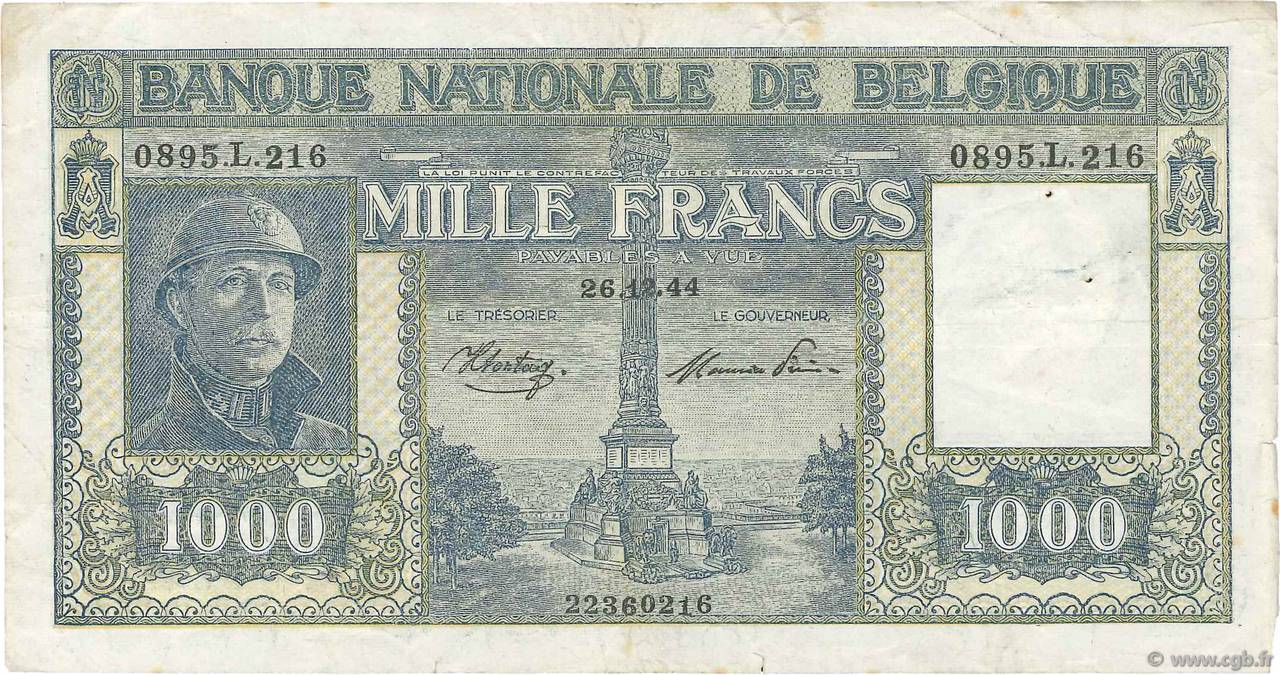 1000 Francs BELGIO  1944 P.128b MB