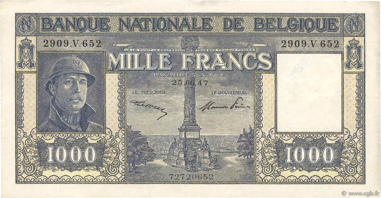 1000 Francs BÉLGICA  1947 P.128c MBC