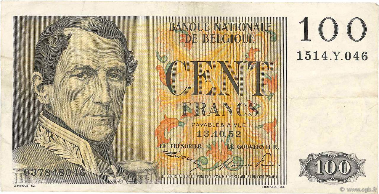 100 Francs BELGIUM  1952 P.129a VF