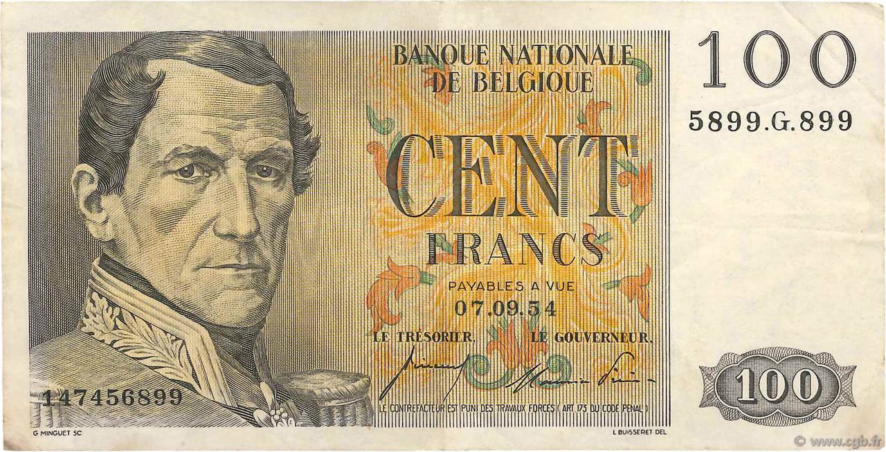 100 Francs BELGIQUE  1953 P.129b TTB