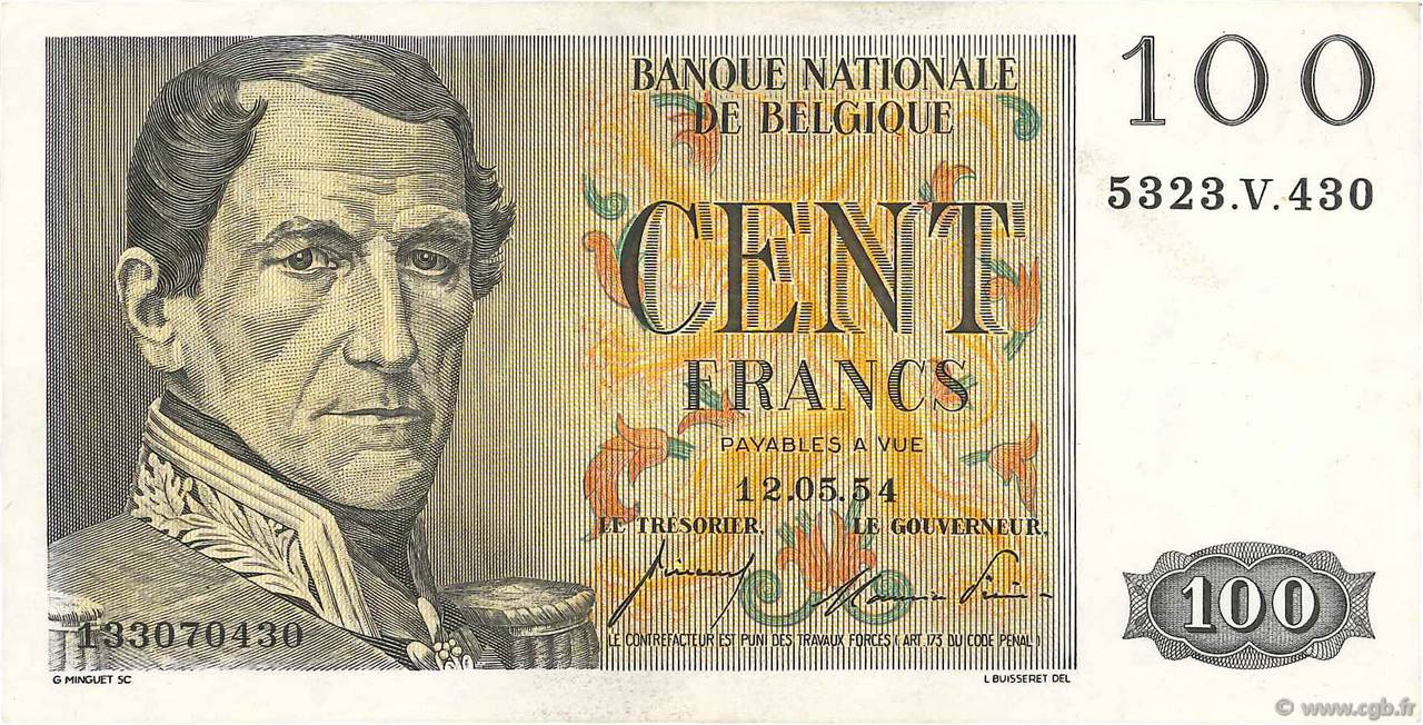 100 Francs BELGIEN  1953 P.129b fVZ