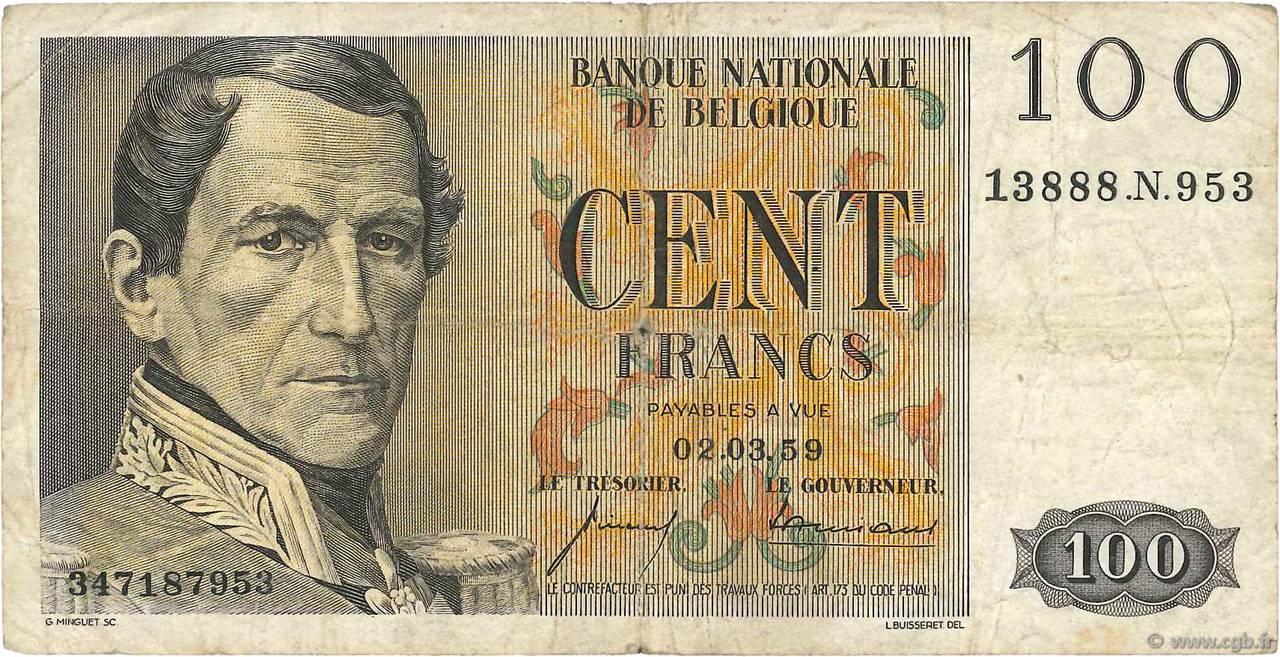 100 Francs BELGIQUE  1957 P.129c TB