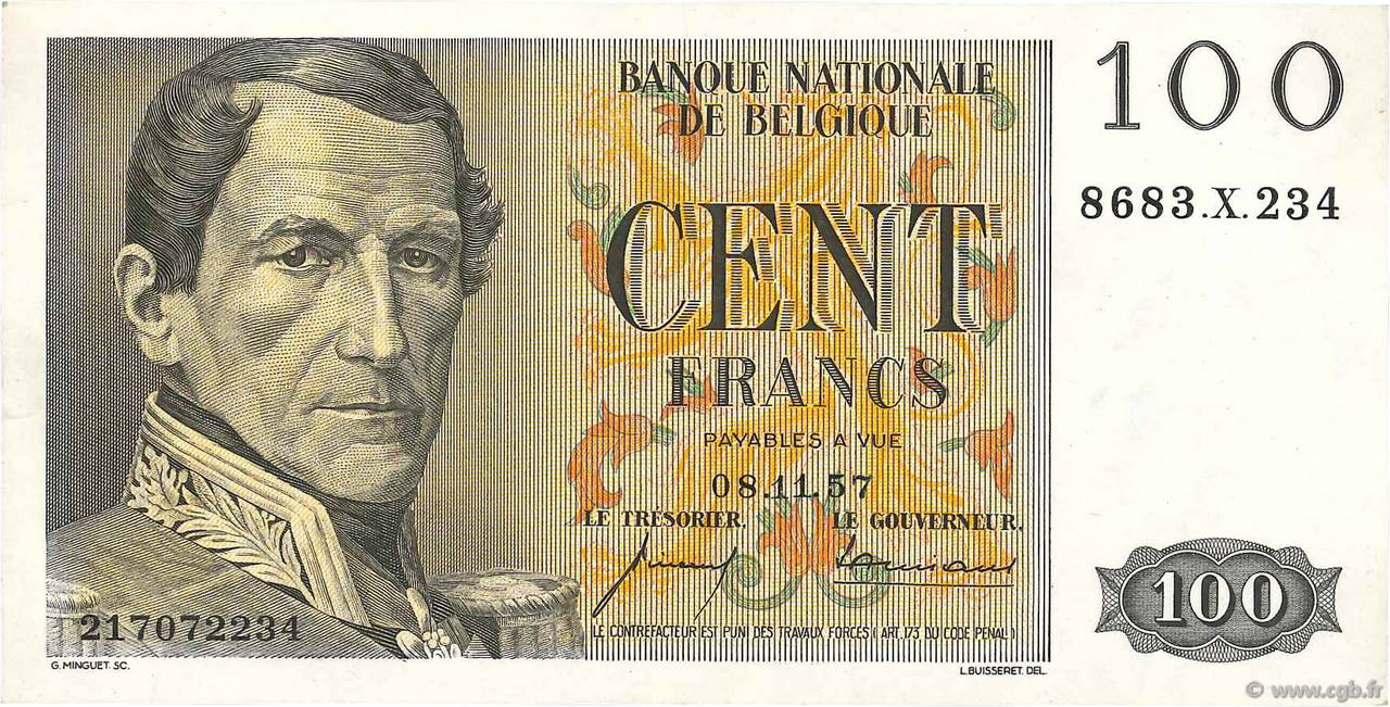 100 Francs BELGIEN  1957 P.129c VZ