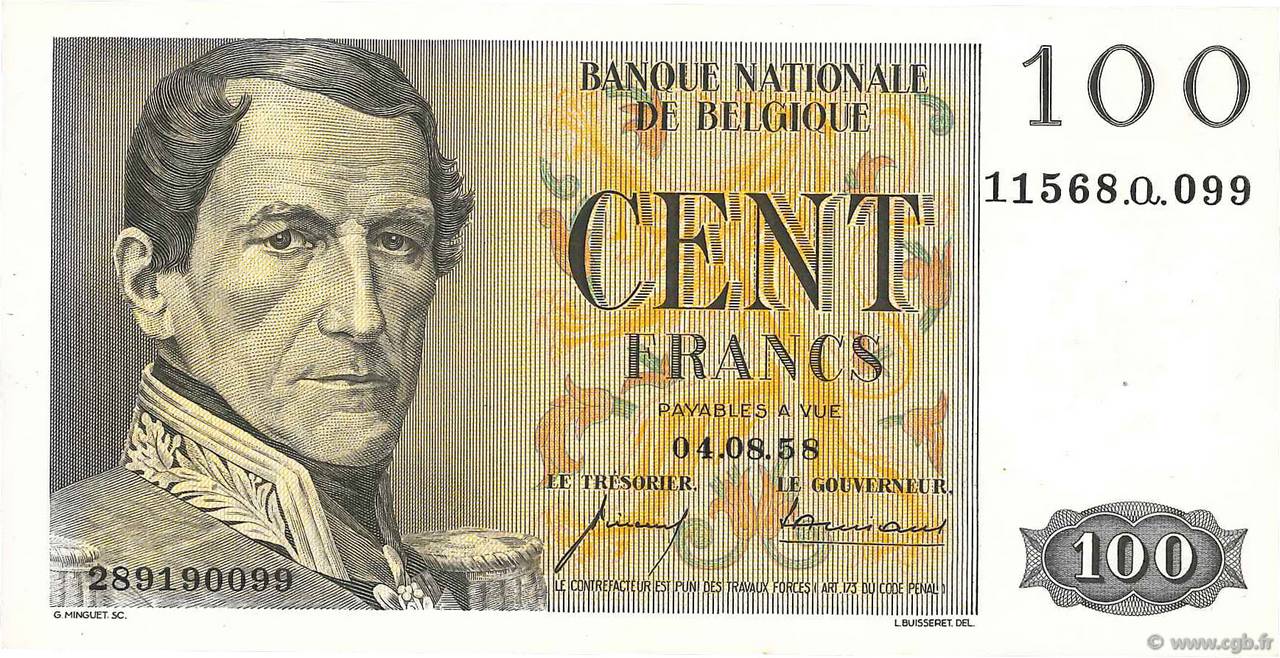 100 Francs BÉLGICA  1957 P.129c SC