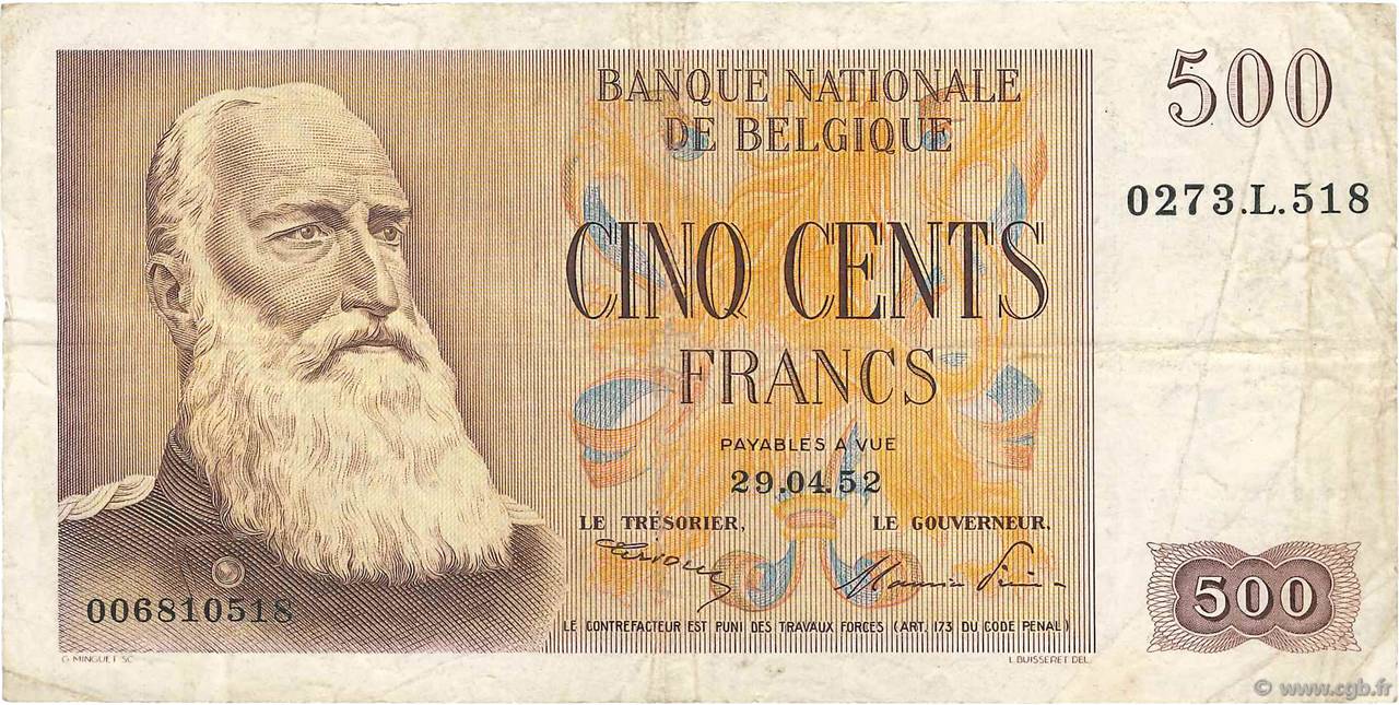 500 Francs BELGIUM  1952 P.130 F+