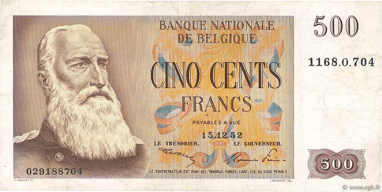 500 Francs BELGIUM  1952 P.130 VF