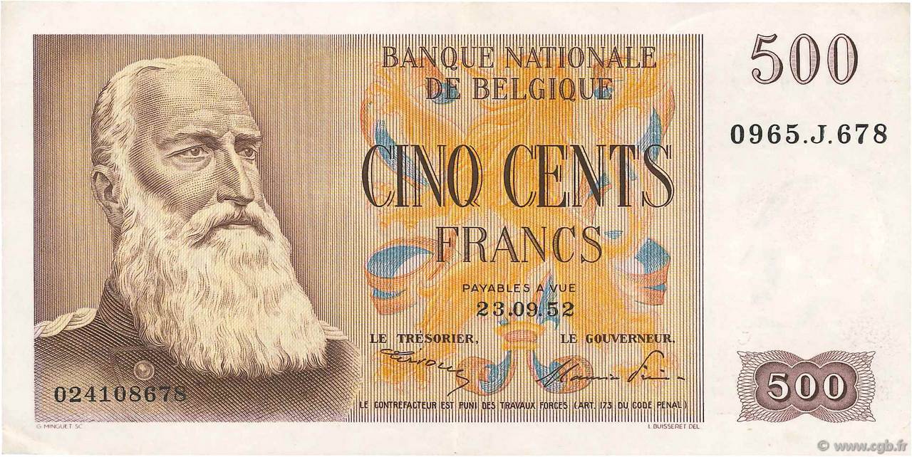500 Francs BELGIO  1952 P.130 SPL
