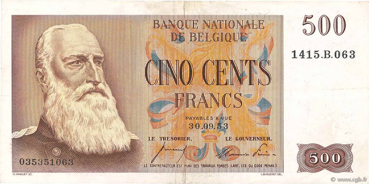 500 Francs BELGIEN  1953 P.130 fVZ