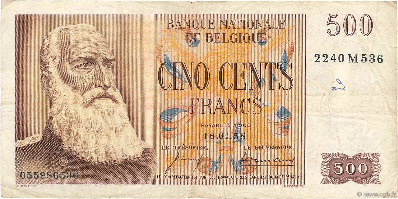 500 Francs BELGIEN  1958 P.130 S