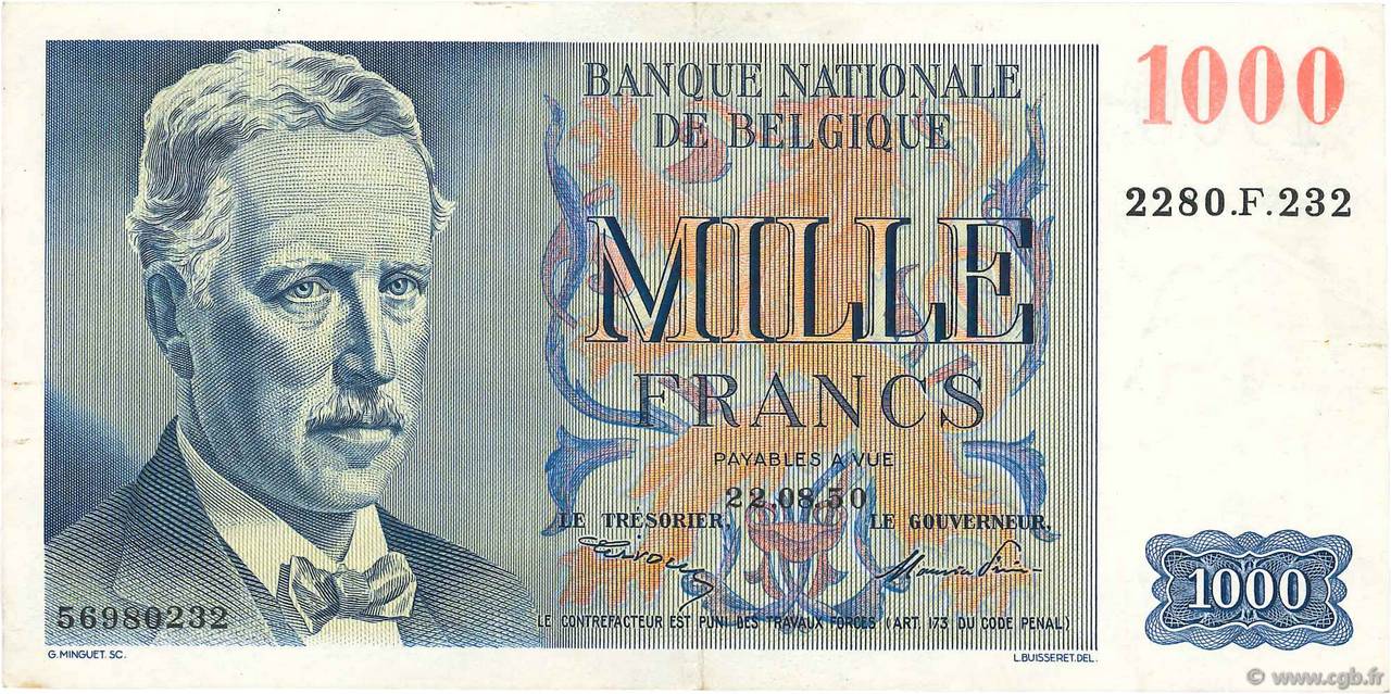1000 Francs BELGIUM  1950 P.131 XF