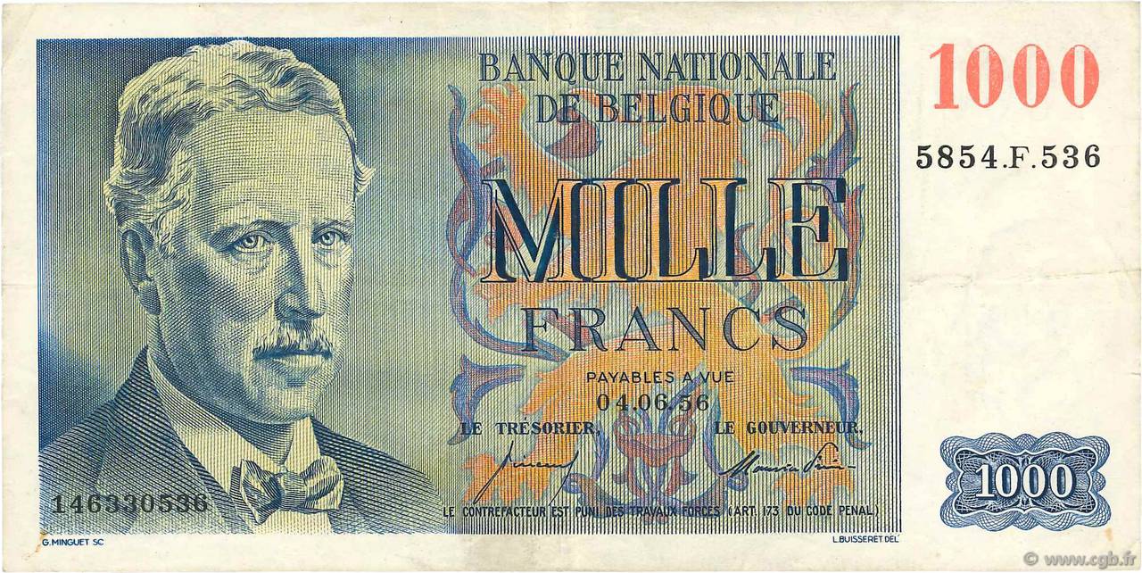 1000 Francs BELGIUM  1953 P.131 VF