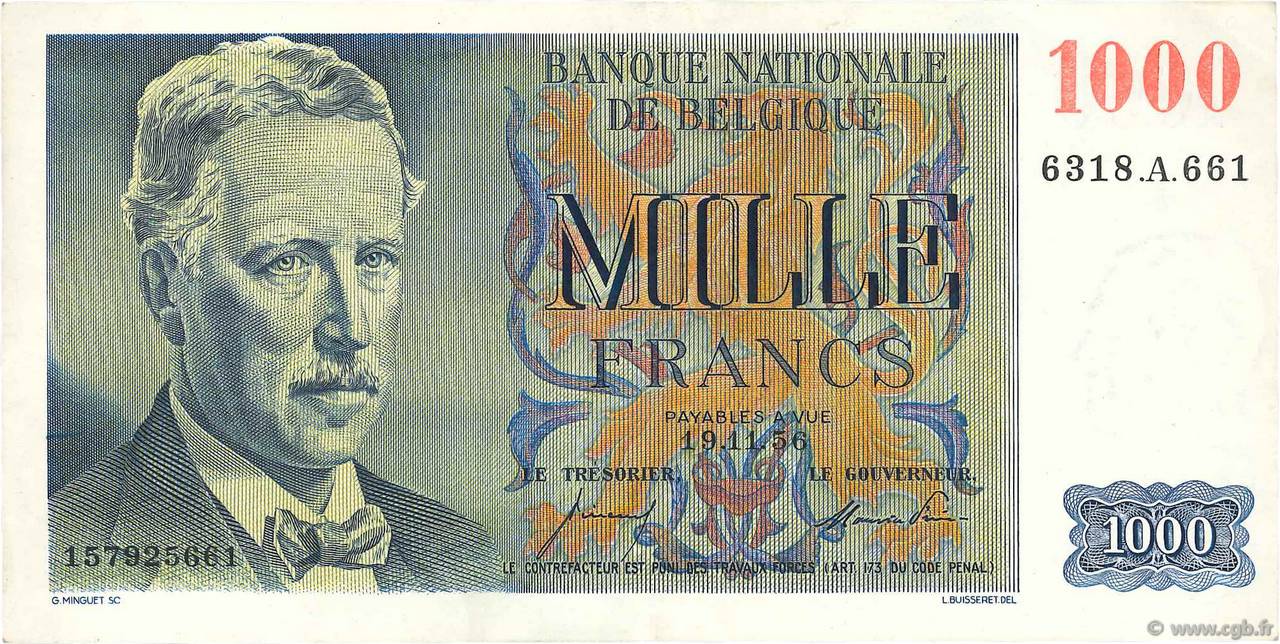 1000 Francs BELGIO  1956 P.131 SPL