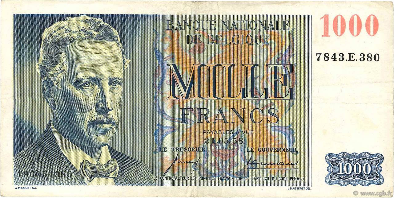 1000 Francs BELGIQUE  1957 P.131 TTB