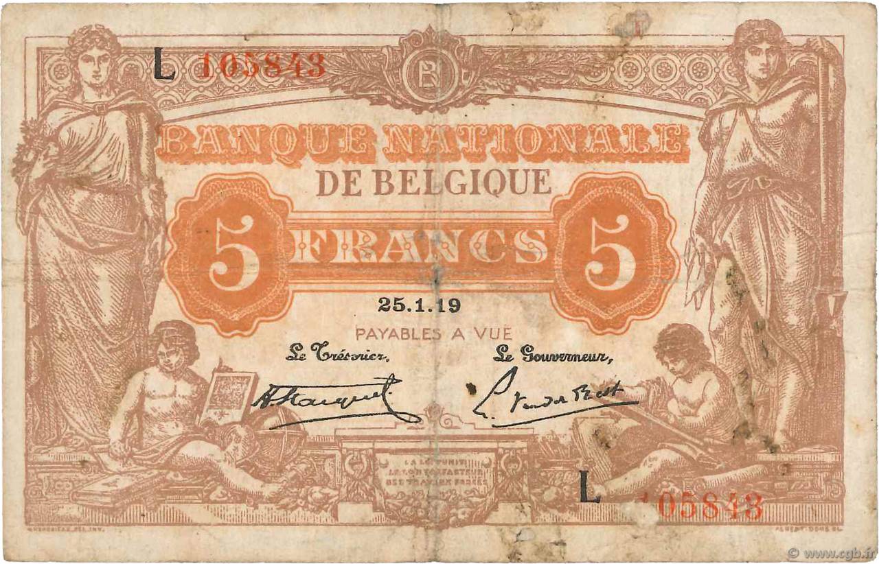 5 Francs BELGIUM  1919 P.074b F