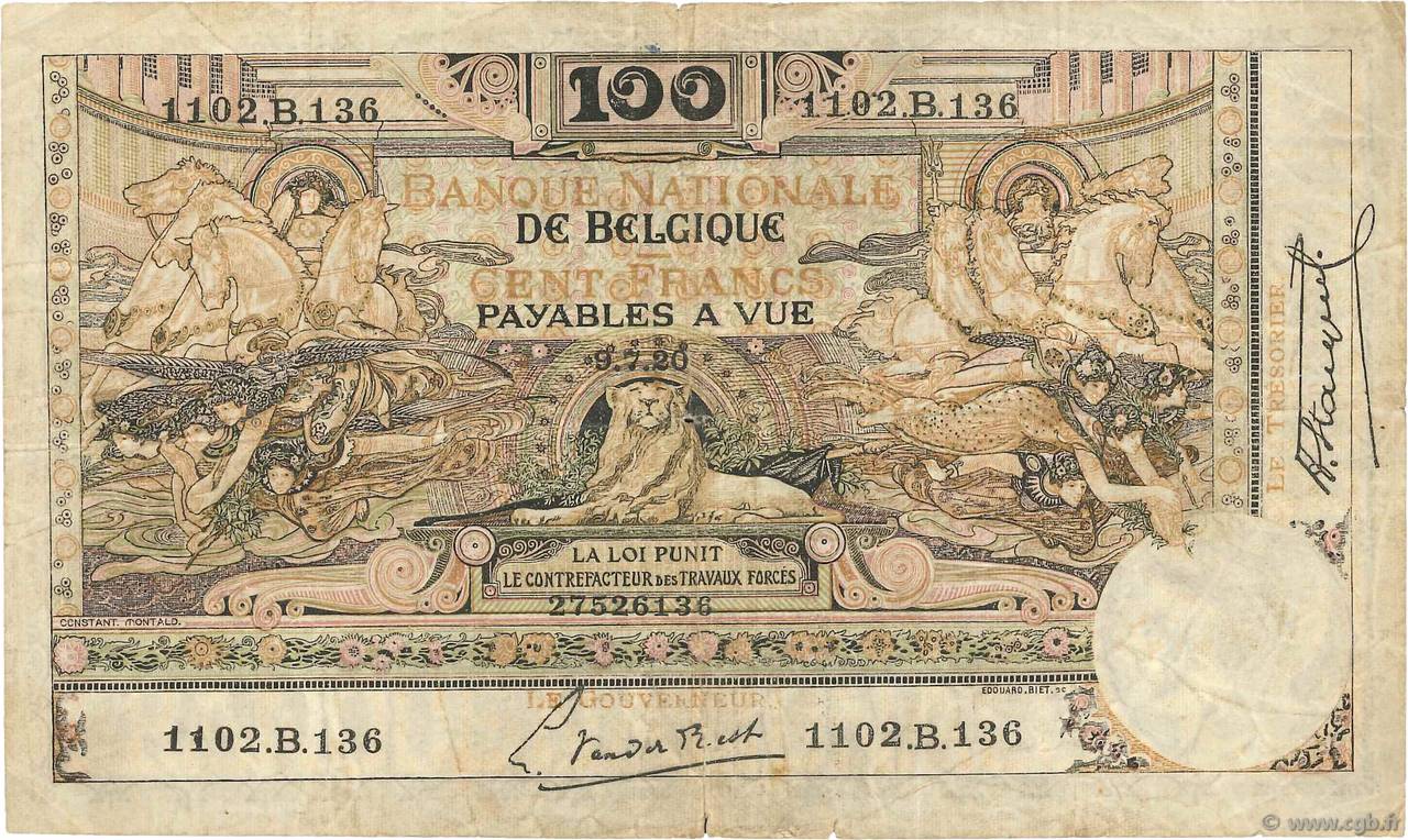 100 Francs BELGIO  1920 P.078 MB