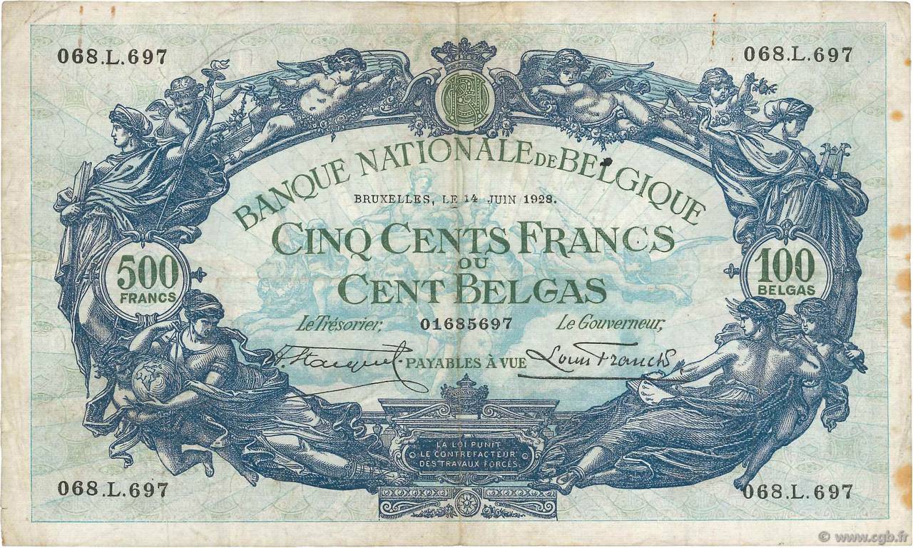 500 Francs - 100 Belgas BELGIEN  1928 P.103a fSS