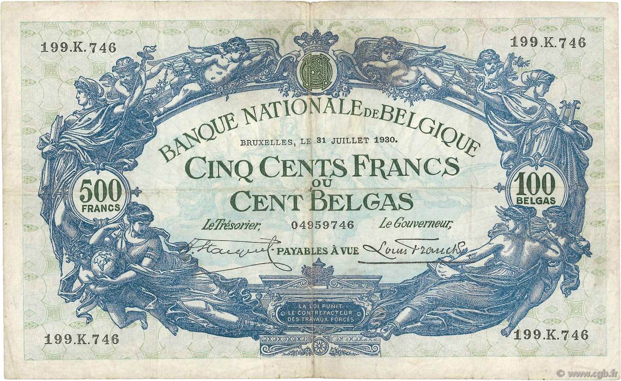 500 Francs - 100 Belgas BELGIQUE  1930 P.103a TB