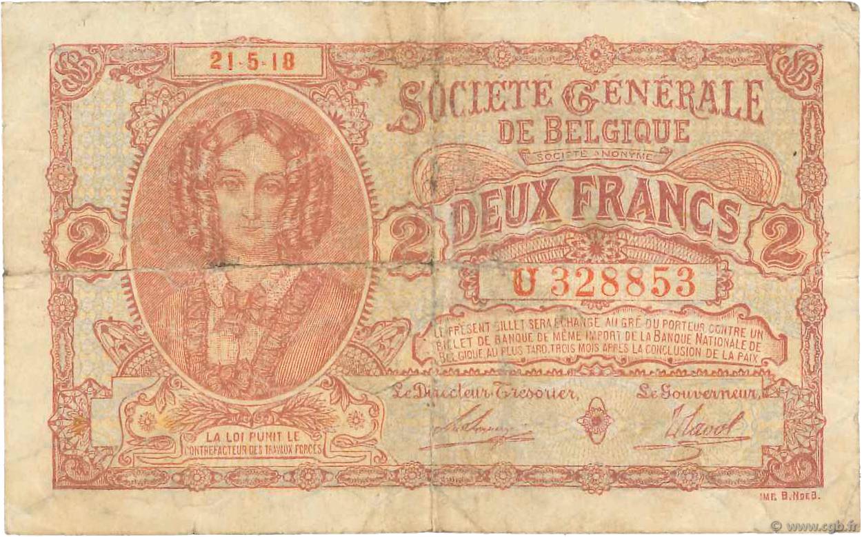 2 Francs BELGIQUE  1918 P.087 pr.TB