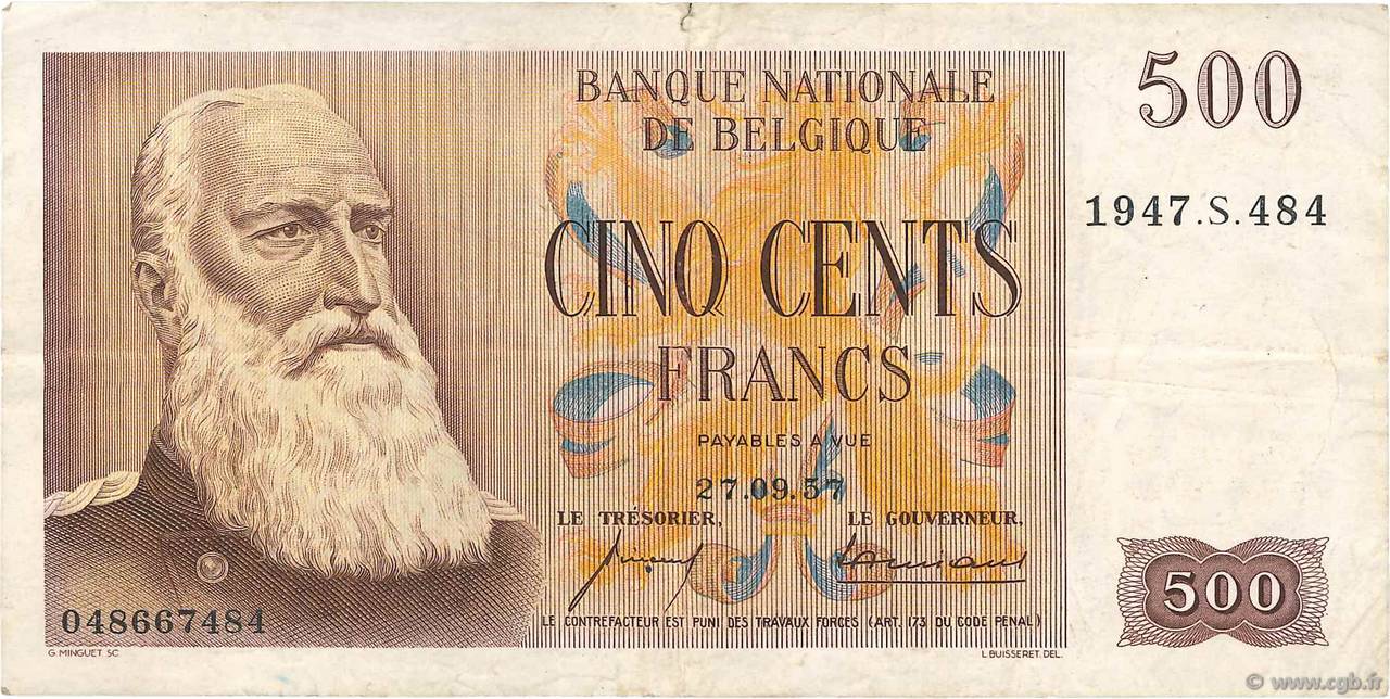 500 Francs BELGIEN  1958 P.130 fSS