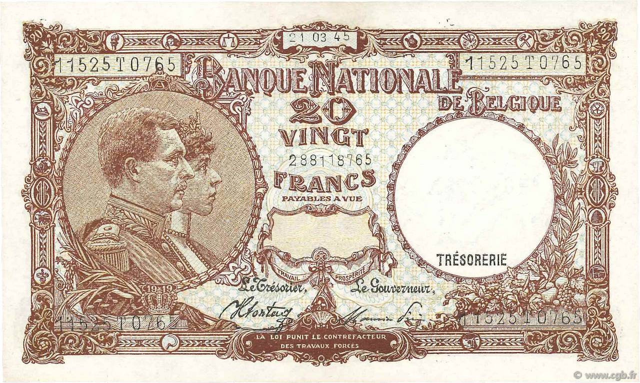 20 Francs BELGIEN  1945 P.111 fST+