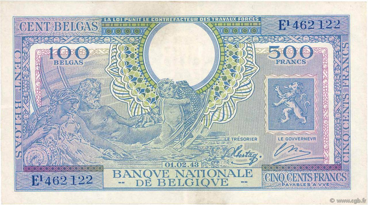500 Francs - 100 Belgas BELGIEN  1943 P.124 fVZ