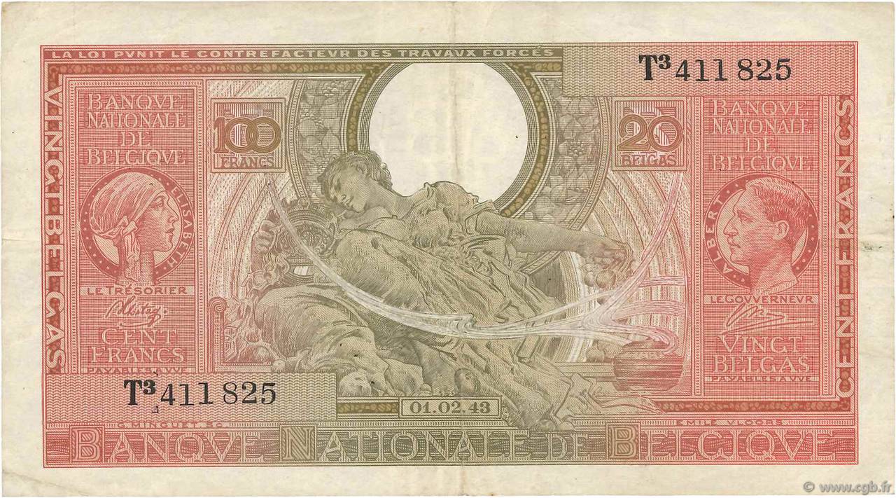 100 Francs - 20 Belgas BELGIUM  1943 P.123 VF