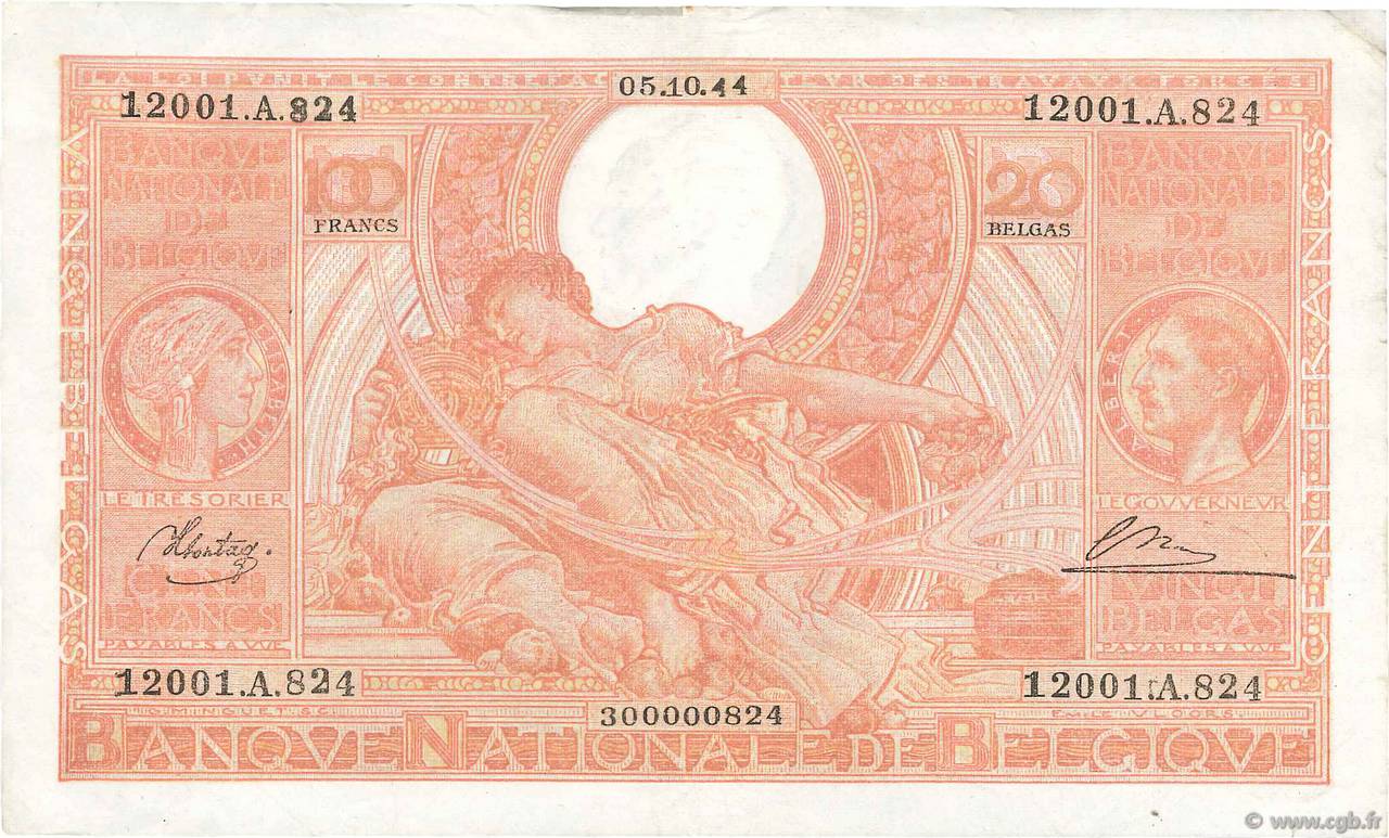 100 Francs - 20 Belgas BELGIUM  1944 P.113 VF