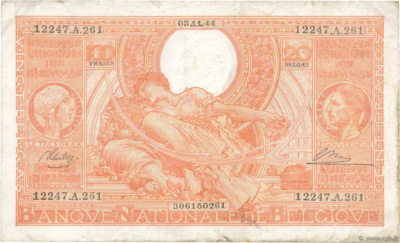 100 Francs - 20 Belgas BÉLGICA  1944 P.113 BC