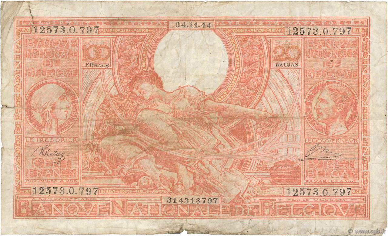 100 Francs - 20 Belgas BELGIUM  1944 P.113 G