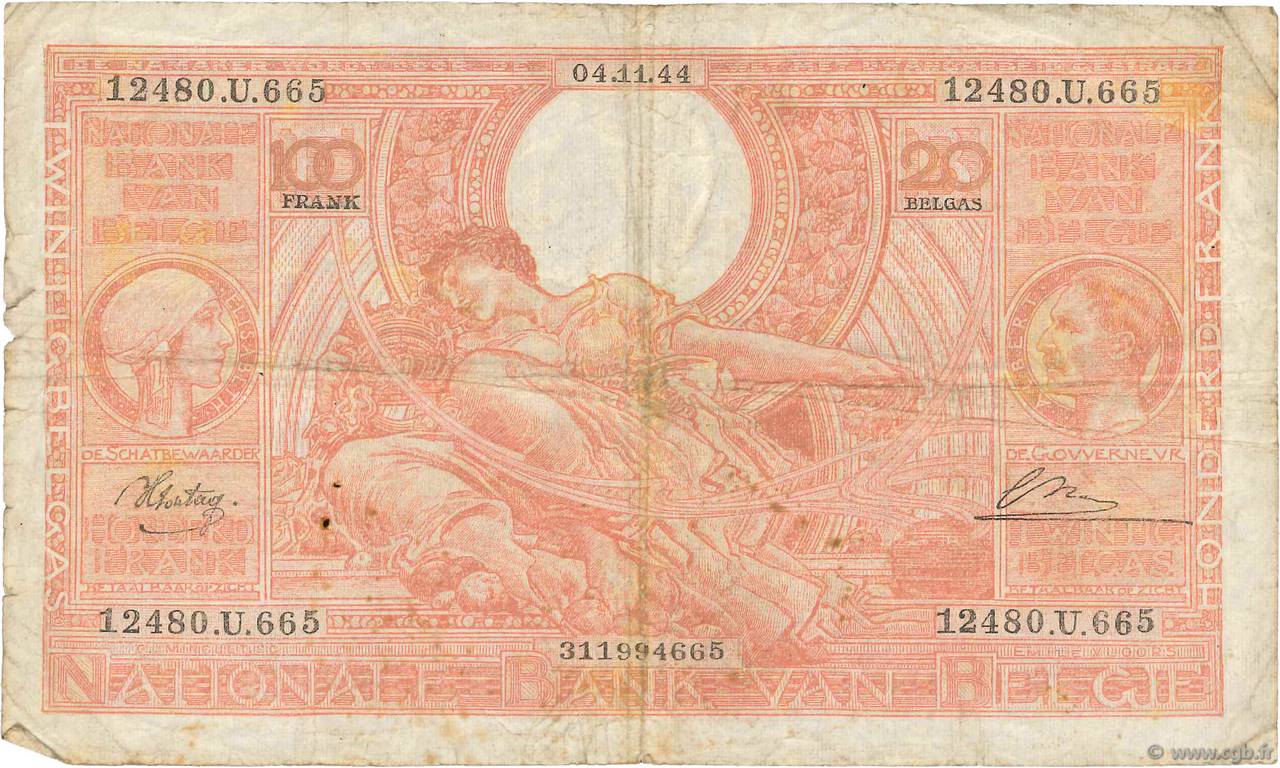 100 Francs - 20 Belgas BELGIEN  1944 P.114 SGE