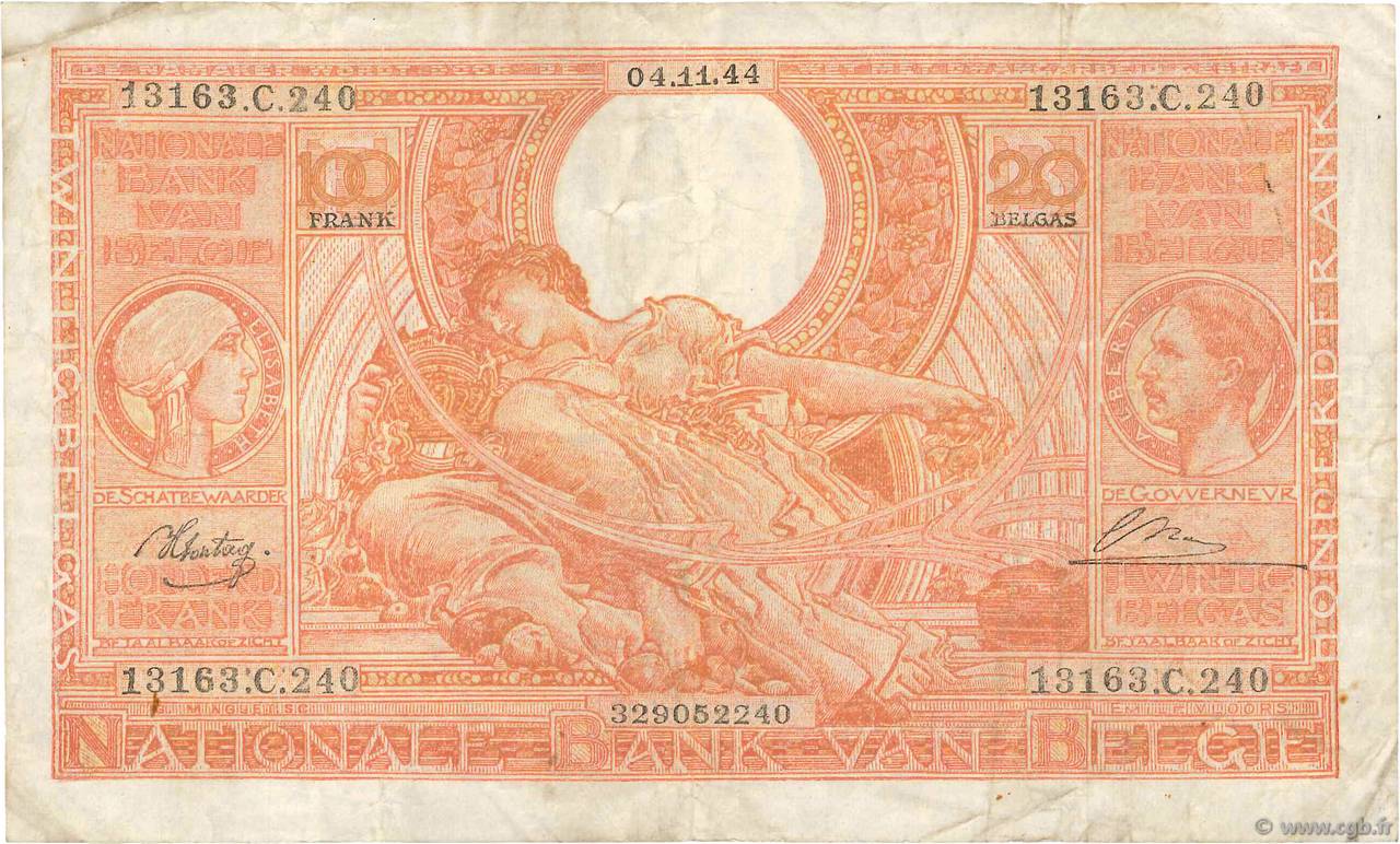 100 Francs - 20 Belgas BÉLGICA  1944 P.114 BC