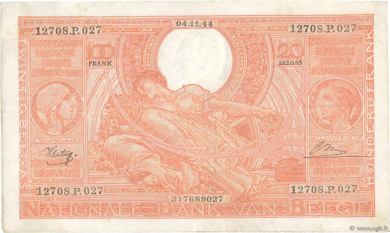 100 Francs - 20 Belgas BELGIO  1944 P.114 q.SPL