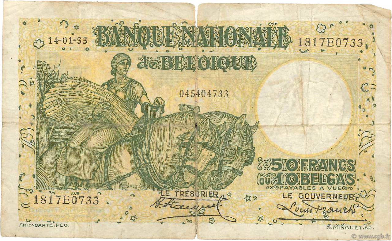 50 Francs - 10 Belgas BELGIEN  1933 P.101 SGE