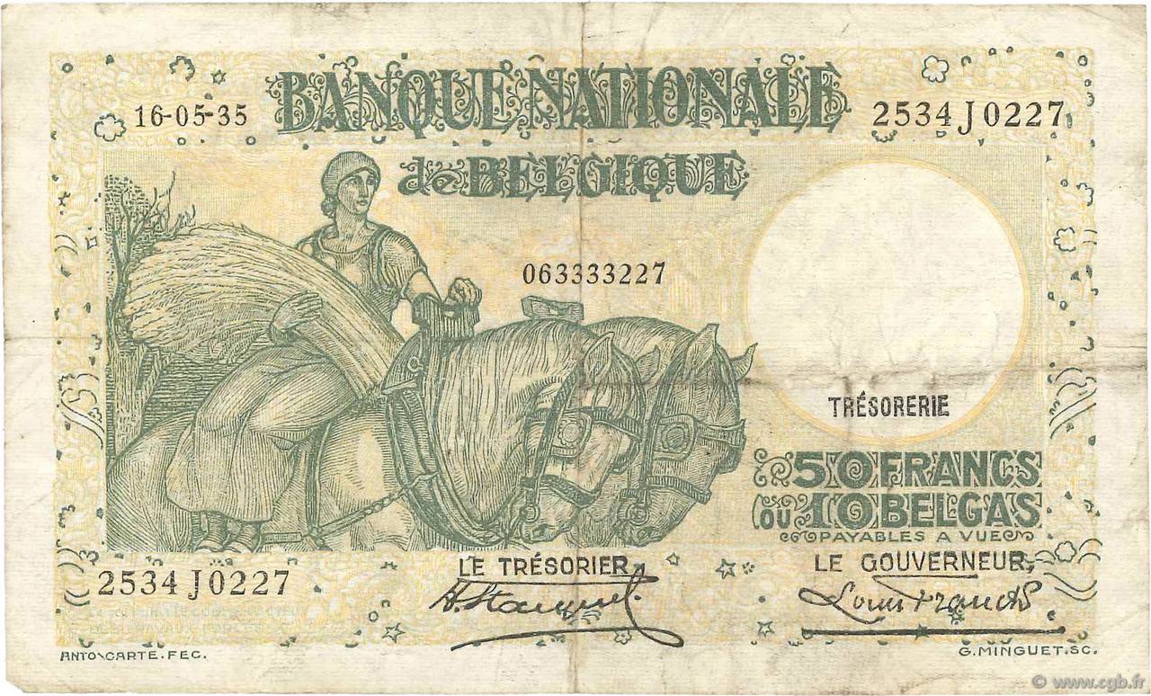 50 Francs - 10 Belgas BELGIUM  1935 P.101 F
