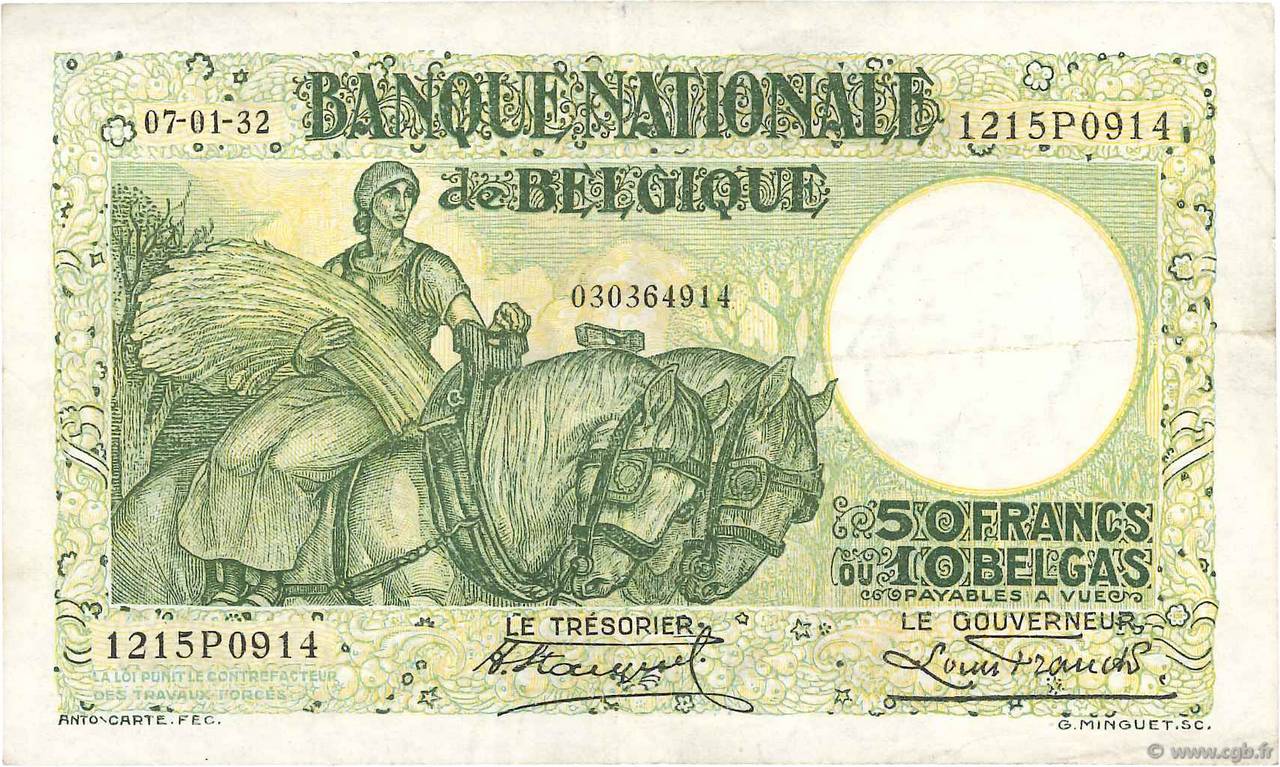 50 Francs - 10 Belgas BELGIUM  1932 P.101 VF