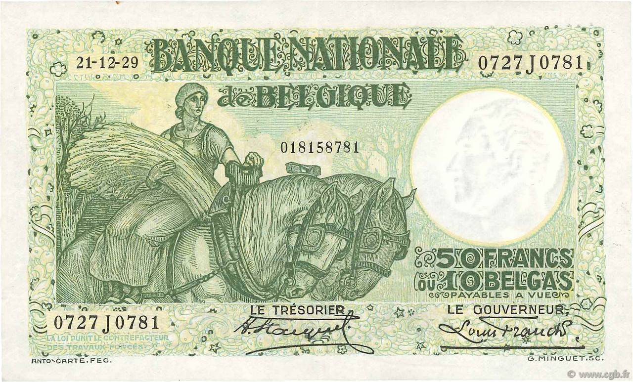 50 Francs - 10 Belgas BELGIUM  1929 P.101 XF