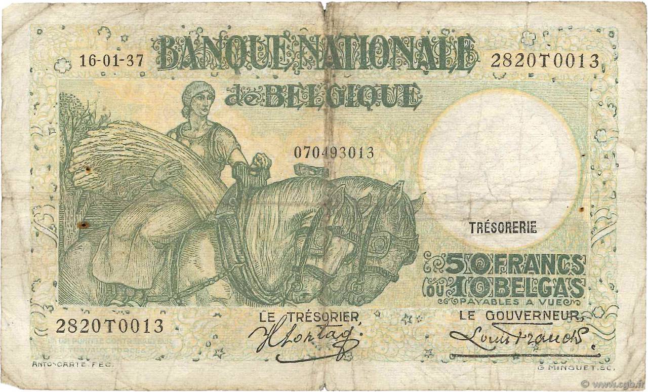 50 Francs - 10 Belgas BÉLGICA  1937 P.106 RC