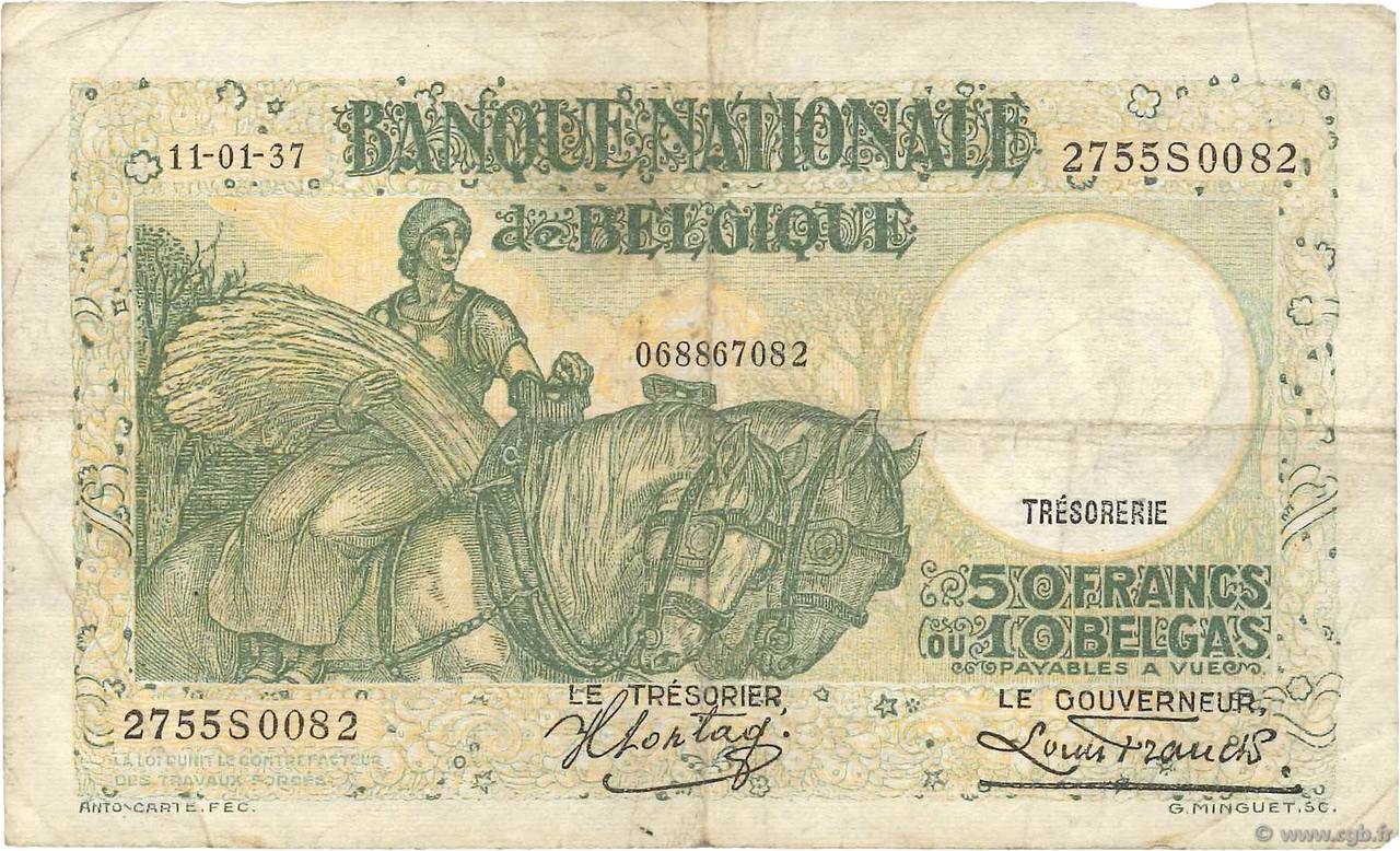 50 Francs - 10 Belgas BELGIUM  1937 P.106 F