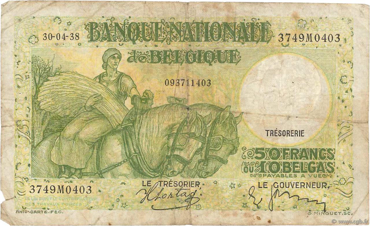 50 Francs - 10 Belgas BELGIEN  1938 P.106 SGE