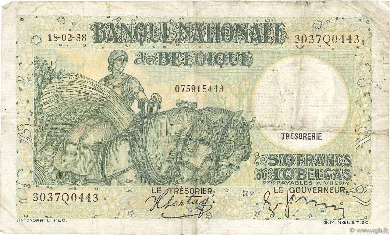 50 Francs - 10 Belgas BELGIQUE  1938 P.106 TB