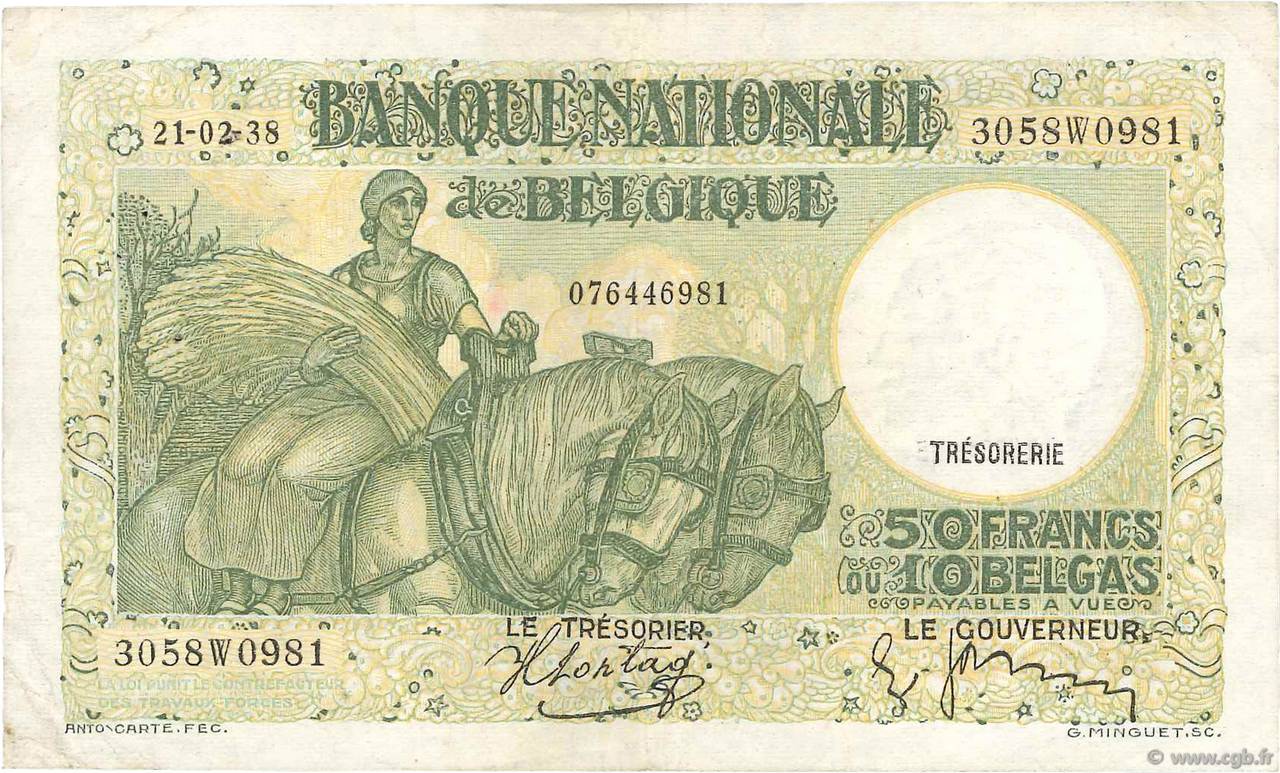 50 Francs - 10 Belgas BELGIO  1938 P.106 BB
