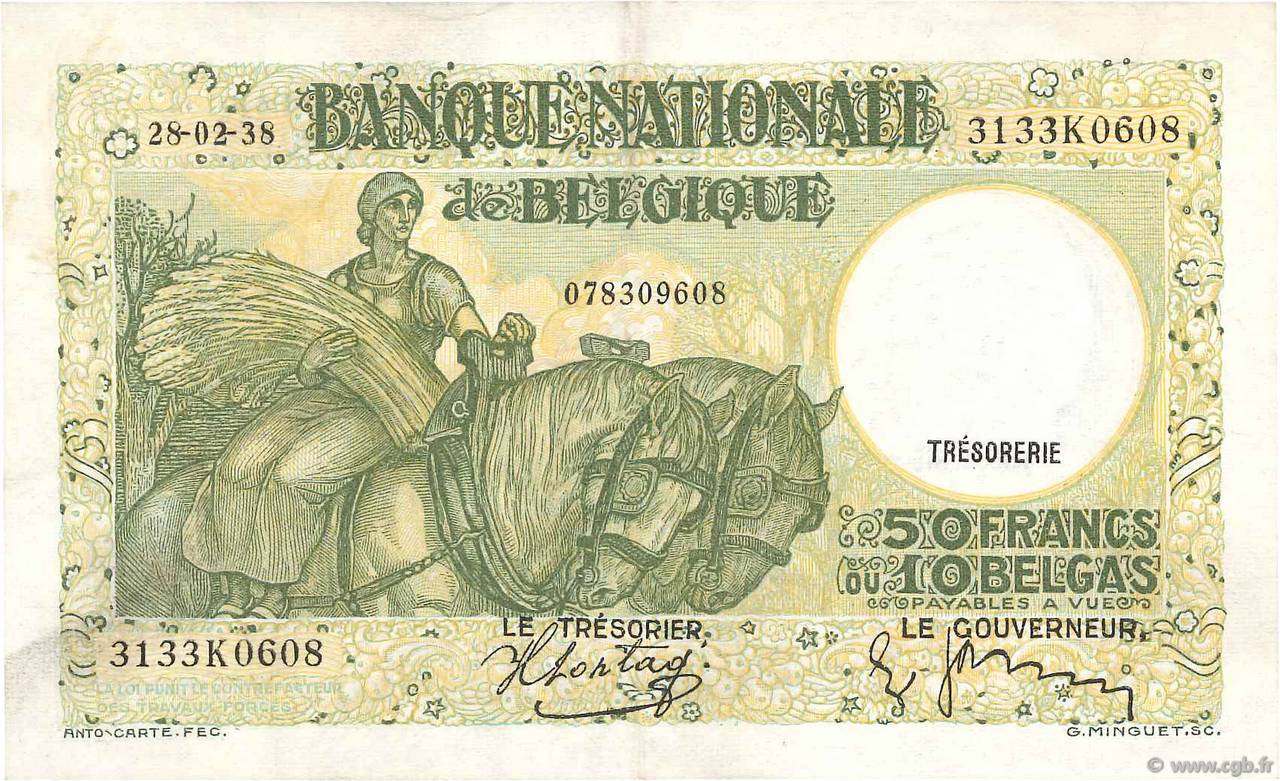 50 Francs - 10 Belgas BELGIUM  1938 P.106 VF+
