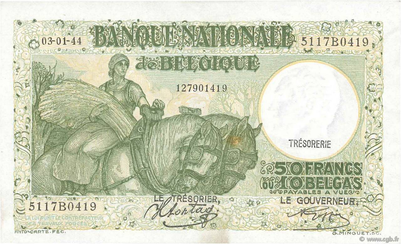 50 Francs - 10 Belgas BELGIUM  1942 P.106 AU