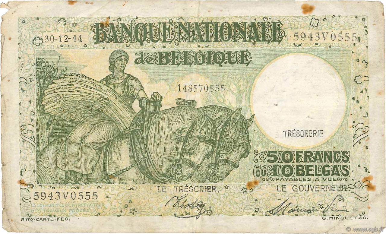 50 Francs - 10 Belgas BELGIQUE  1944 P.106 TB