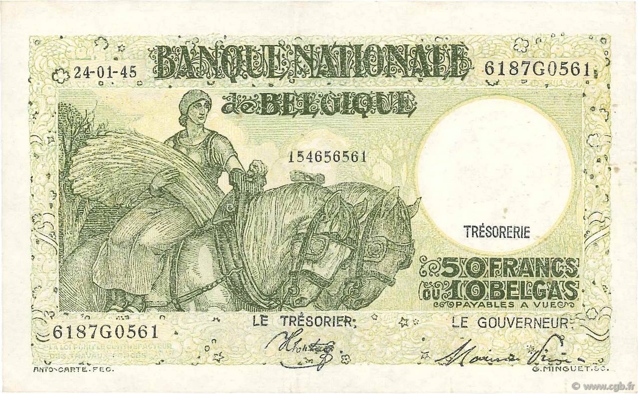 50 Francs - 10 Belgas BELGIQUE  1944 P.106 SUP