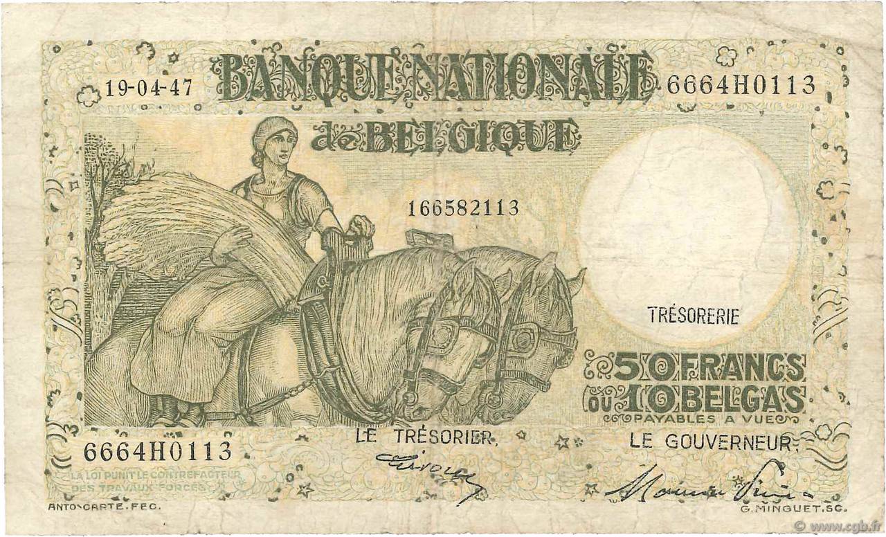 50 Francs - 10 Belgas BELGIEN  1947 P.106 S