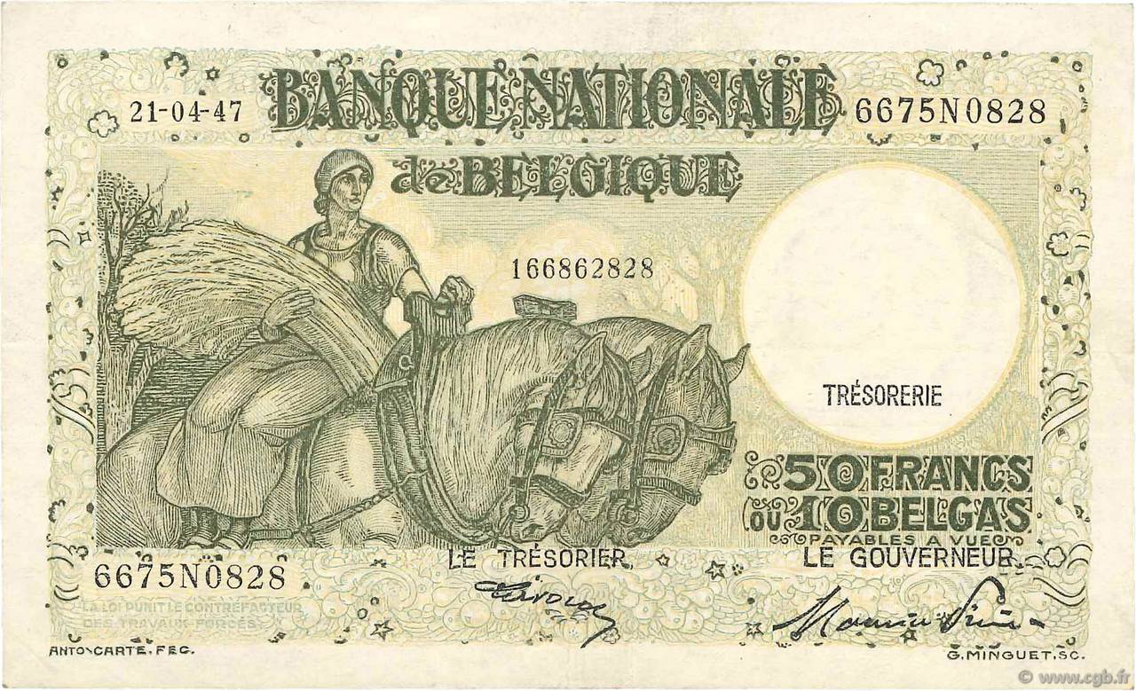 50 Francs - 10 Belgas BÉLGICA  1947 P.106 MBC