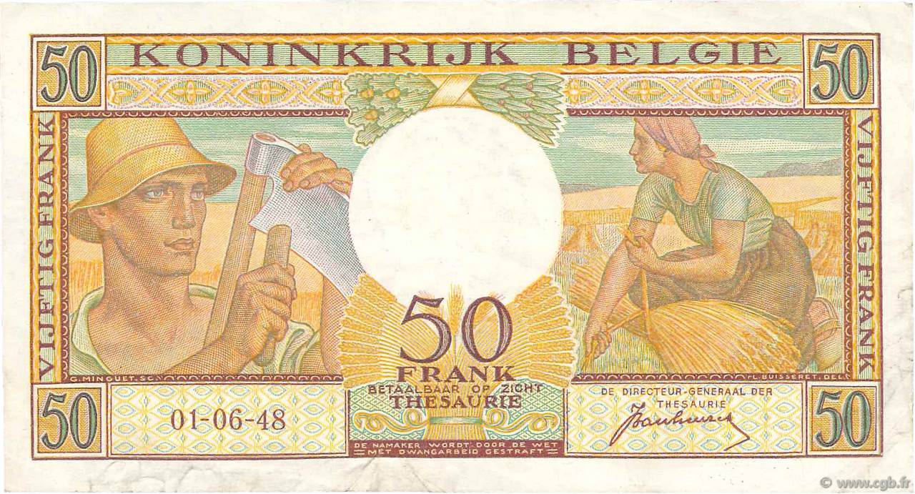 50 Francs BÉLGICA  1948 P.133a MBC