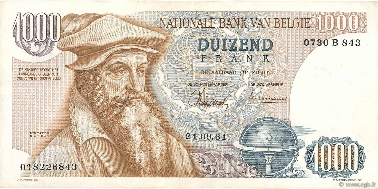 1000 Francs BELGIUM  1961 P.136a VF